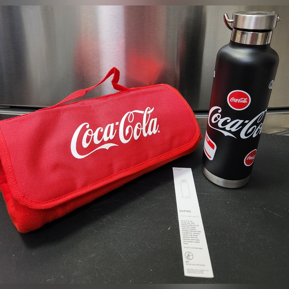 BRAND NEW Coca -Cola Roll Up Blanket & Stainless Steel Bottle